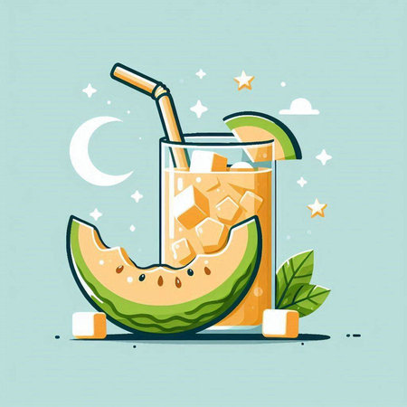 Melon smoothie with ice cubes and straw. Vector illustration.のイラスト素材