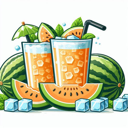 Fresh watermelon juice with ice cubes and straws, vector illustrationのイラスト素材