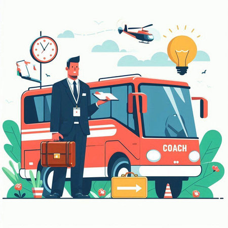Vector illustration of bus driver with briefcase. Bus travel concept.のイラスト素材
