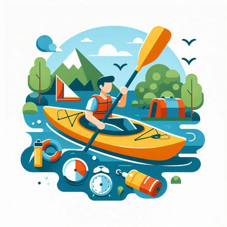Kayaking and canoeing. Flat design vector illustration on white background.のイラスト素材