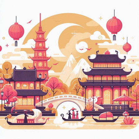 Chinese ancient buildings and lanterns. Vector illustration in flat style.のイラスト素材