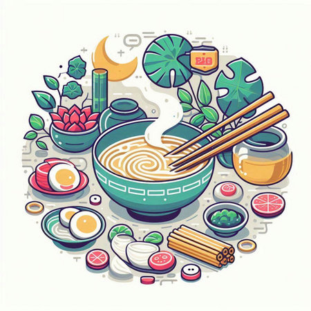 Vector illustration of japanese noodle soup in bowl with chopsticks.のイラスト素材