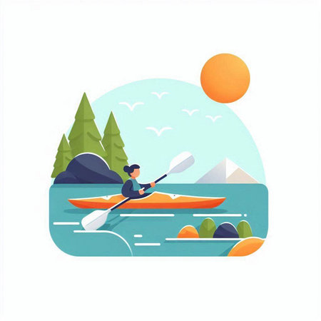 Kayaking in the river. Flat design vector illustration. Canoeing on the river.のイラスト素材