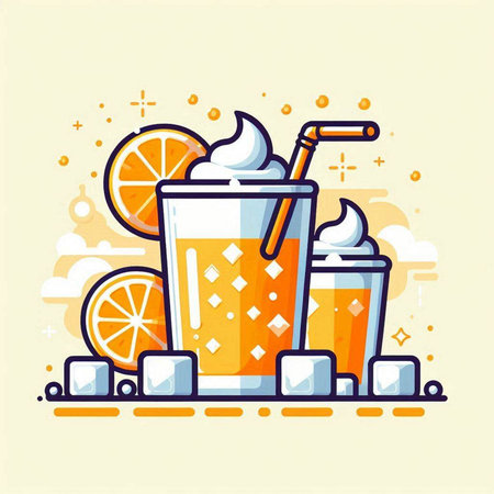 Orange smoothie with ice cubes and straw. Vector flat illustration.のイラスト素材