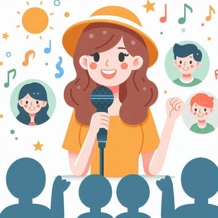 Illustration of a woman speaking into a microphone with a crowd of peopleのイラスト素材