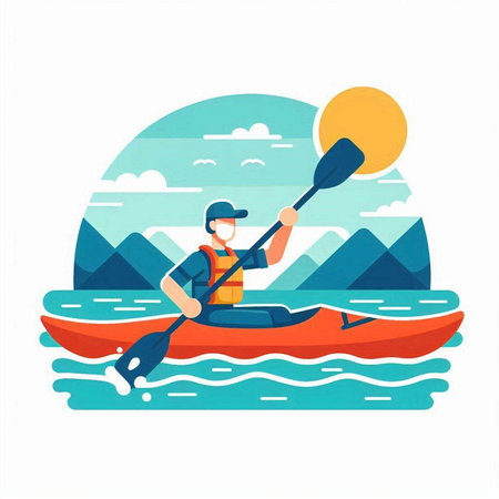 Man in a kayak on the lake. Flat vector illustration.のイラスト素材