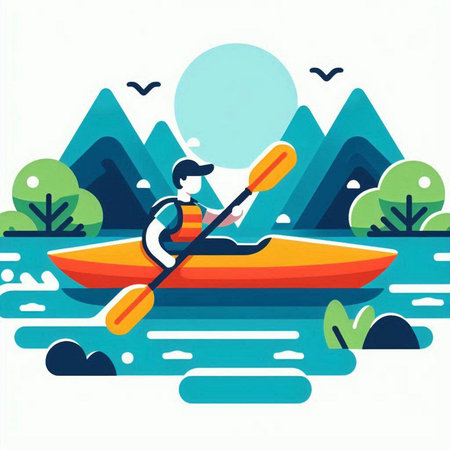 Kayaking on the river. Flat vector illustration. Canoeing.のイラスト素材