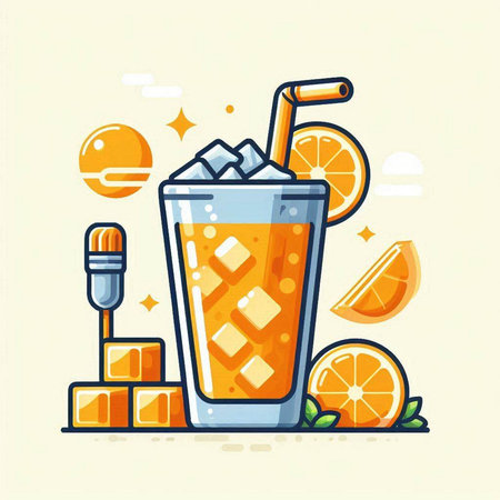 Orange smoothie with ice cubes and straw. Vector illustration in flat styleのイラスト素材