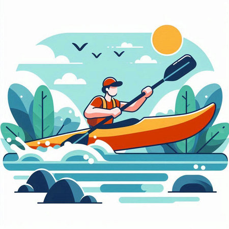 Man in a kayak on the river. Flat style vector illustration.のイラスト素材