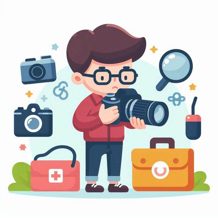 Photographer with camera and equipment. Vector illustration in cartoon style.のイラスト素材
