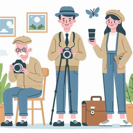 Photographer and photographer with cameras. Vector illustration in cartoon style.のイラスト素材