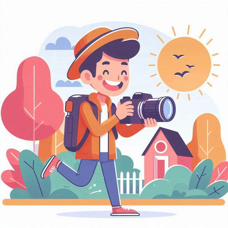 Boy in a hat with a camera in his hands. Vector illustrationのイラスト素材