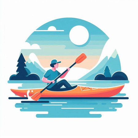 Man kayaking on the lake. Vector illustration in flat style.のイラスト素材