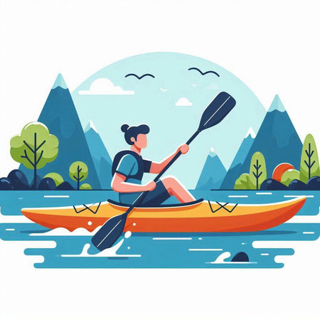 Kayaking on the river. Vector illustration in flat cartoon style.のイラスト素材