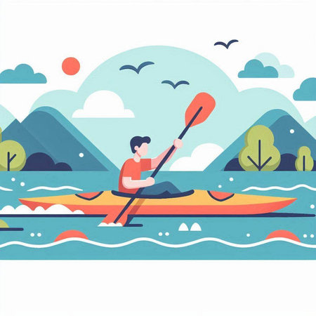 Kayaking vector illustration in flat style. Man paddling a kayak.のイラスト素材