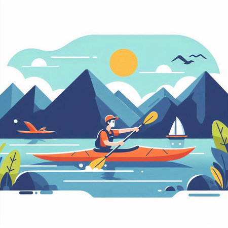 Vector illustration of a man kayaking in the mountains. Flat style.のイラスト素材