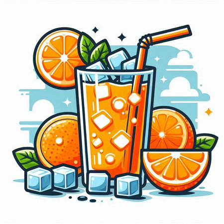 Orange juice with ice cubes and slices of orange. Vector illustration.のイラスト素材