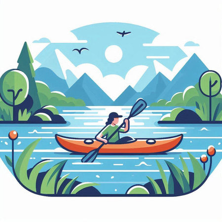 Kayaking on the river. Vector illustration in flat cartoon style.のイラスト素材