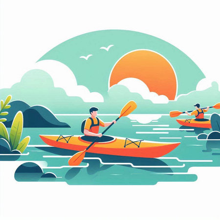 Kayaking on the sea. Vector illustration in flat cartoon style.のイラスト素材
