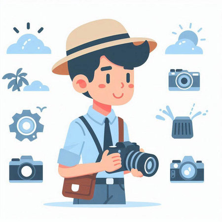 Photographer man with camera equipment. Vector illustration in a flat styleのイラスト素材