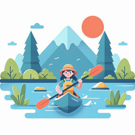 Woman in a kayak on the river. Flat design vector illustration.のイラスト素材