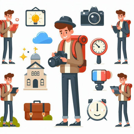 Hipster man with camera, backpack, backpack, camera and other equipment. Vector illustrationのイラスト素材