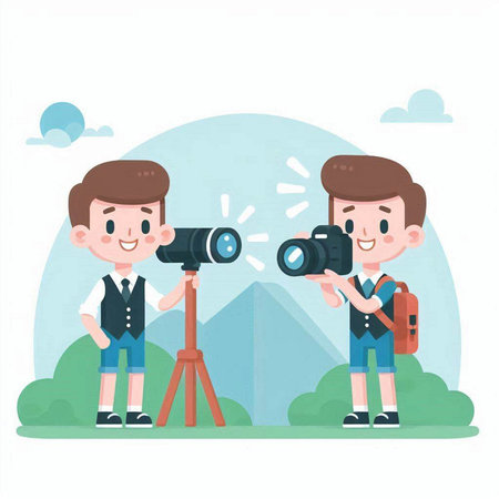 Cute cartoon boy and girl with binoculars. Vector illustrationのイラスト素材