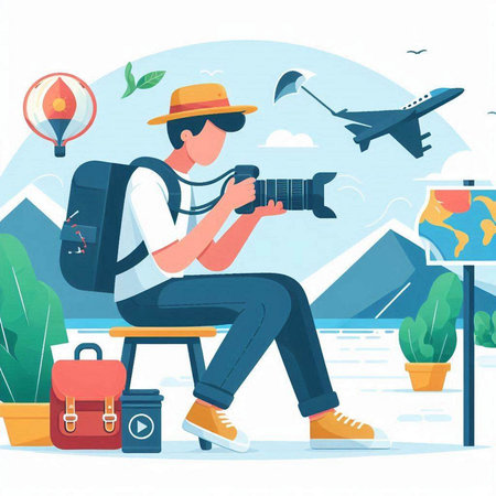 Tourist with camera on the background of mountains. Vector illustration.のイラスト素材