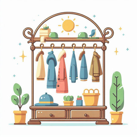 Bathroom hanger with towels, potted plants and sun. Vector illustrationのイラスト素材