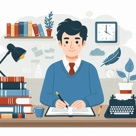 Young man writing in a notebook at home. Flat vector illustration.のイラスト素材
