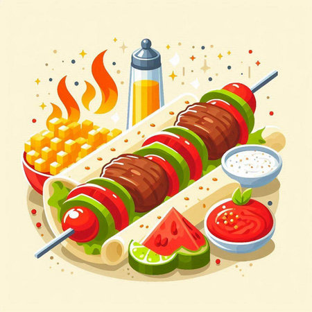 Barbecue skewers with vegetables and sauce. Vector illustration in flat styleのイラスト素材