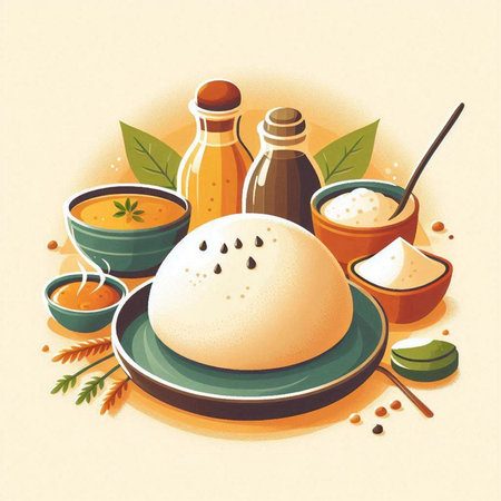 Rice dumpling on plate with different sauces. Vector illustrationのイラスト素材