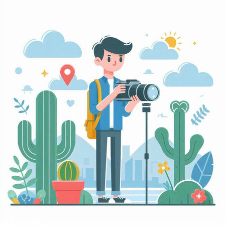 Photographer with camera and cactuses. Flat design vector illustration.のイラスト素材