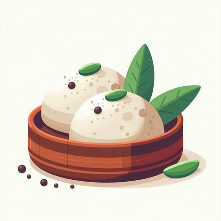Mochi or Mochi in a bamboo bowl. Vector illustration.のイラスト素材