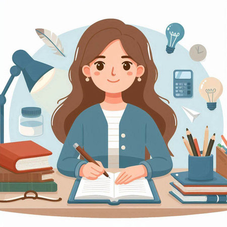 Girl writing in her notebook. Vector illustration in flat cartoon style.のイラスト素材