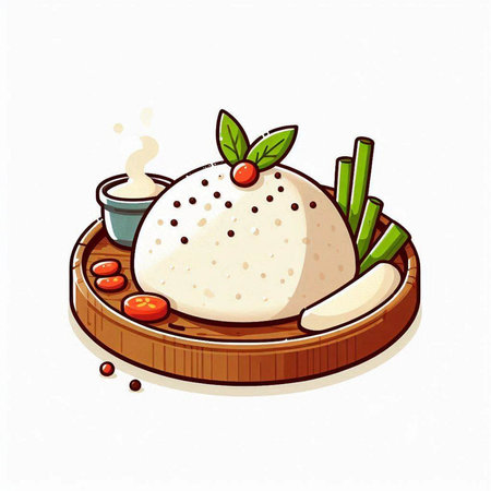 Illustration of a steamed rice ball in a wooden plate.のイラスト素材
