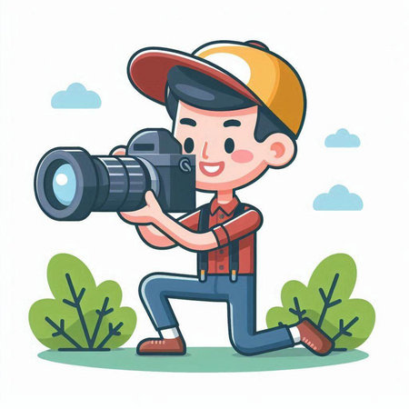 Illustration of a boy taking a photo with a DSLR cameraのイラスト素材