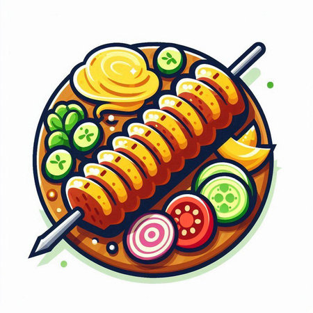 Grilled meat on skewers with vegetables and sauce. Vector illustration.のイラスト素材