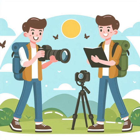 Photographer man with camera and backpack. Vector illustration in flat styleのイラスト素材