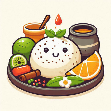 Illustration of cute kawaii sushi on plate with ingredients.のイラスト素材