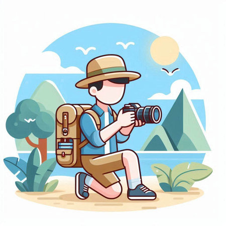 Tourist with a backpack and a camera on the beach. Vector illustrationのイラスト素材