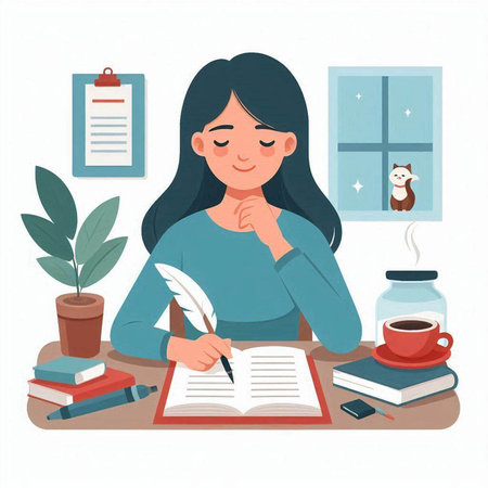 Girl writing in notebook at home. Vector illustration in flat style.のイラスト素材