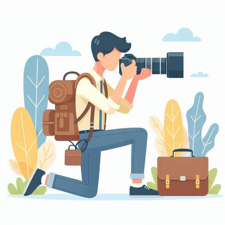 Male photographer with camera and bag. Vector illustration in flat style.のイラスト素材