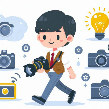 Photographer with camera and light bulb. Vector illustration in cartoon styleのイラスト素材