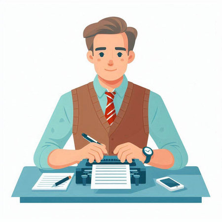 Vector illustration of a young man sitting at his desk and writing in the notebook.のイラスト素材