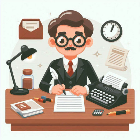 Retro businessman working at office desk. Flat style vector illustration.のイラスト素材