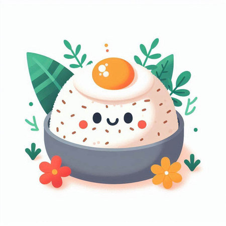Cute kawaii rice ball with fried egg in a bowlのイラスト素材