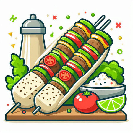 Tasty kebab on skewers with vegetables. Vector illustration.のイラスト素材