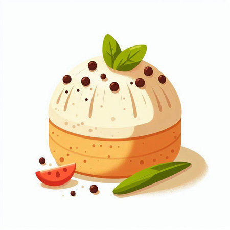 Illustration of a piece of cake with cream and a slice of tomatoのイラスト素材