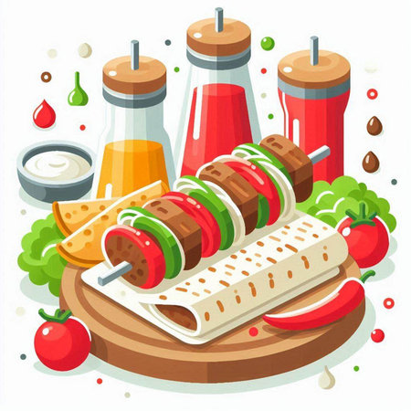 Tasty kebab on skewer with vegetables and sauce. Vector illustrationのイラスト素材